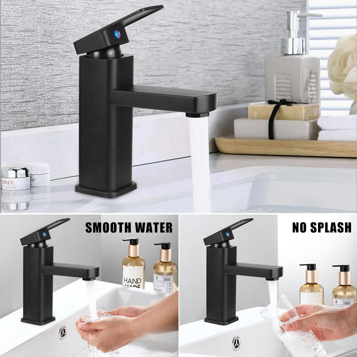 Robinet Salle Bain Noir, Mitigeur Lavabo en Alliage avec L'eau Froide et Chaude Disponible, Robinet Lavabo avec Deux Tuyaux, pour Les Toilettes, La Salle de Bain (C)