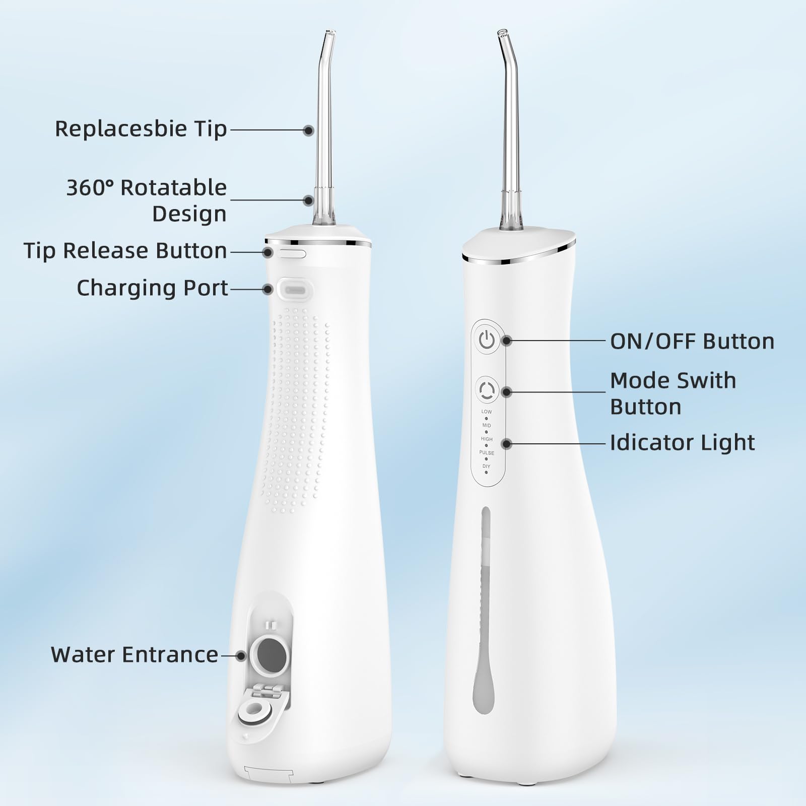 Idropulsore per denti ricaricabile senza fili, con 4 punte a getto, serbatoio dell'acqua da 300 ml, IPX7, impermeabile, per viaggi a casa (bianco)