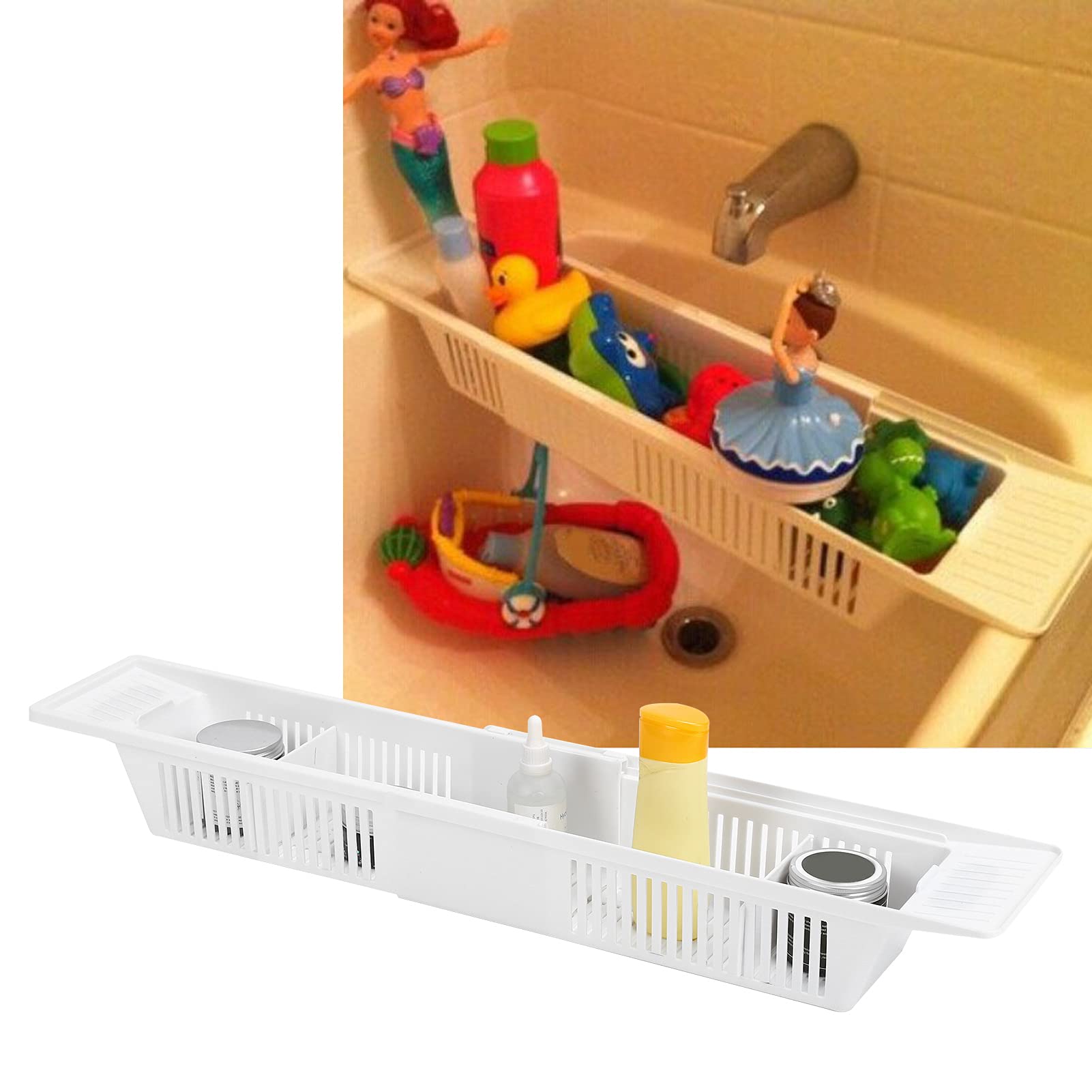 Plateau De Baignoire Rétractable, étagère De Bain Réglable Plateau De Rangement en Plastique Simple Organisateur De Jouets De Bain Panier De Rangement pour Shampooing Gel Douche