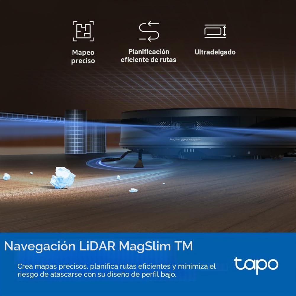TP-Link Tapo RV20 MAX Plus 5300Pa Robot Aspirador y trapeador con navegación MagSlim™ LiDAR, diseño Ultrafino, Base de Vaciado automático, Limpieza Inteligente Personalizable y Control de Voz