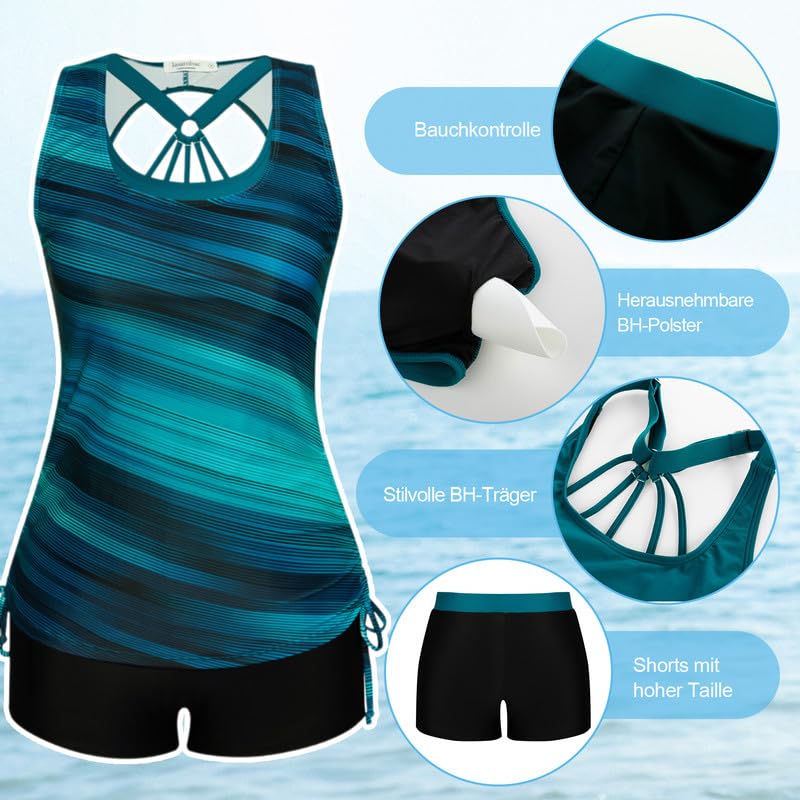 JASAMBAC Tankini 3 pièces pour femme, haut de bikini push-up et short de bain taille haute, maillot de bain simple, maillot de bain de sport pour femme, maillot de bain pour piscine, plage