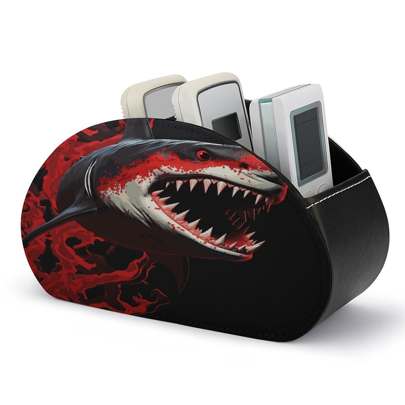 VstaDank Red-black Shark Remote Control Holder with 5 Compartments PU Leather Remote Caddy Desktop Organizer Store TV Remote Control Storage Box for Home Office Desk Nightstand