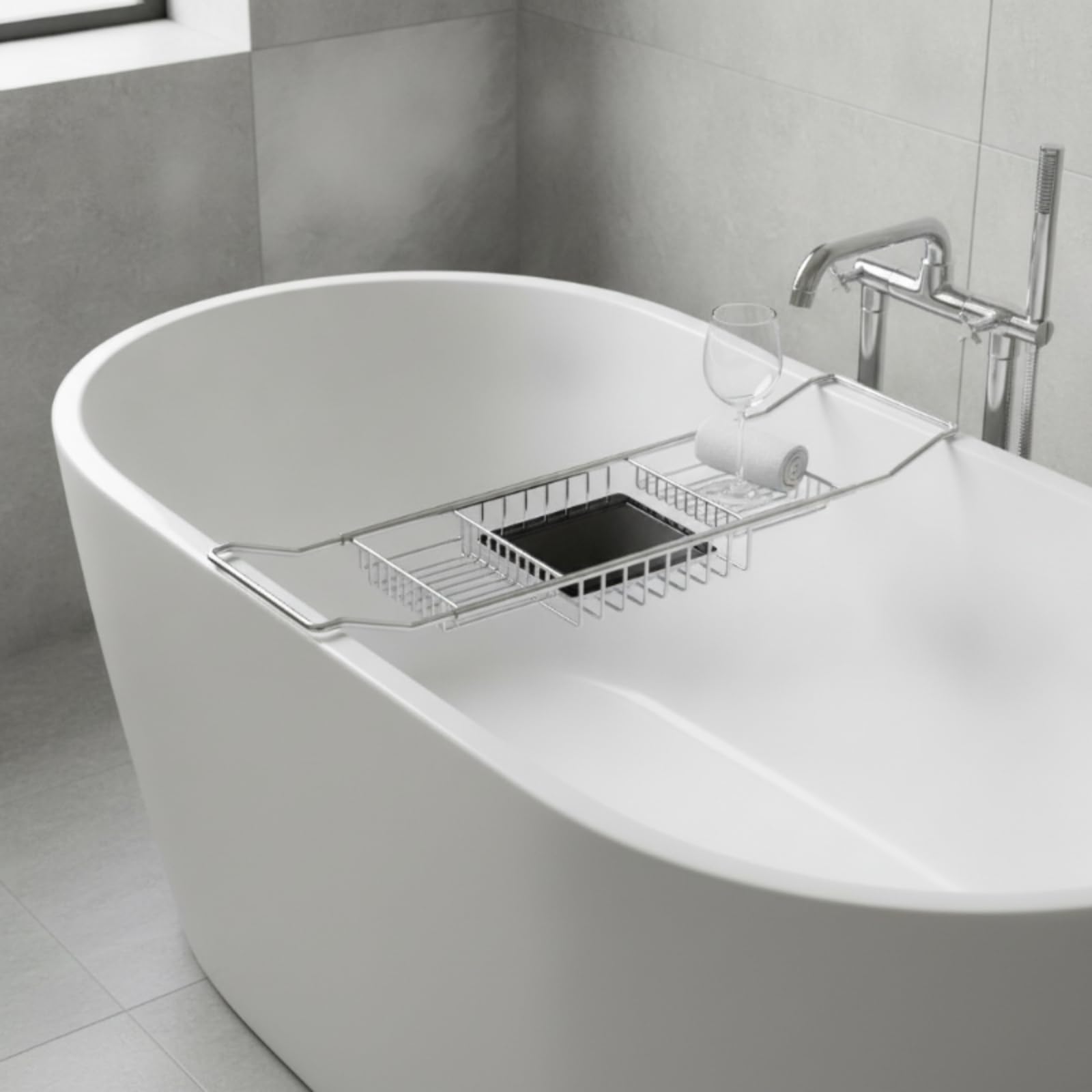 Mensola Bagno Vassoio Vasca Organizer Supporto Allungabile in Acciaio Inossidabile con Portasapone Portashampoo, Cromato, Moderno Semplice