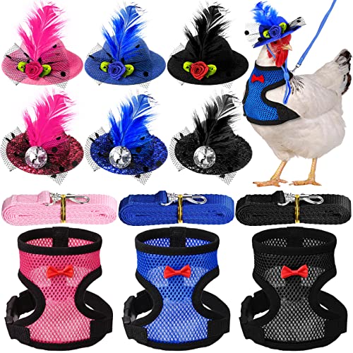 Image of Zhanmai 9 Pcs Chicken Harness and Leash for Hens Funny Chicken Accessories with Leash and Hats for Hens Duck Goose Parrot Small Pet Harness Adjustable Training Walking Supplies(S)