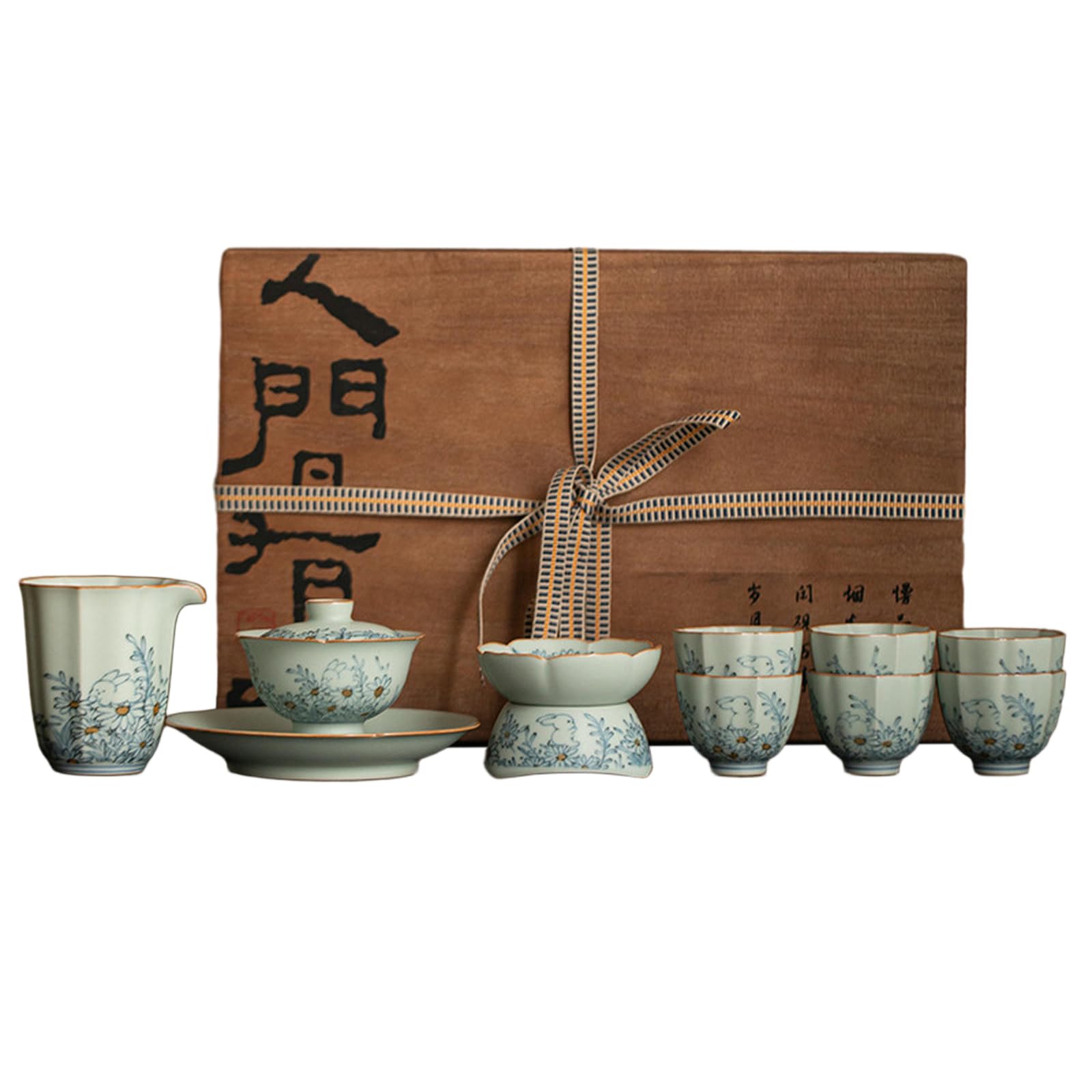 Chinesisches Retro-Schüssel-Set aus Keramik, blau und weiß mit Deckel – Schale mit Deckel, wilde Chrysanthemen-Hase