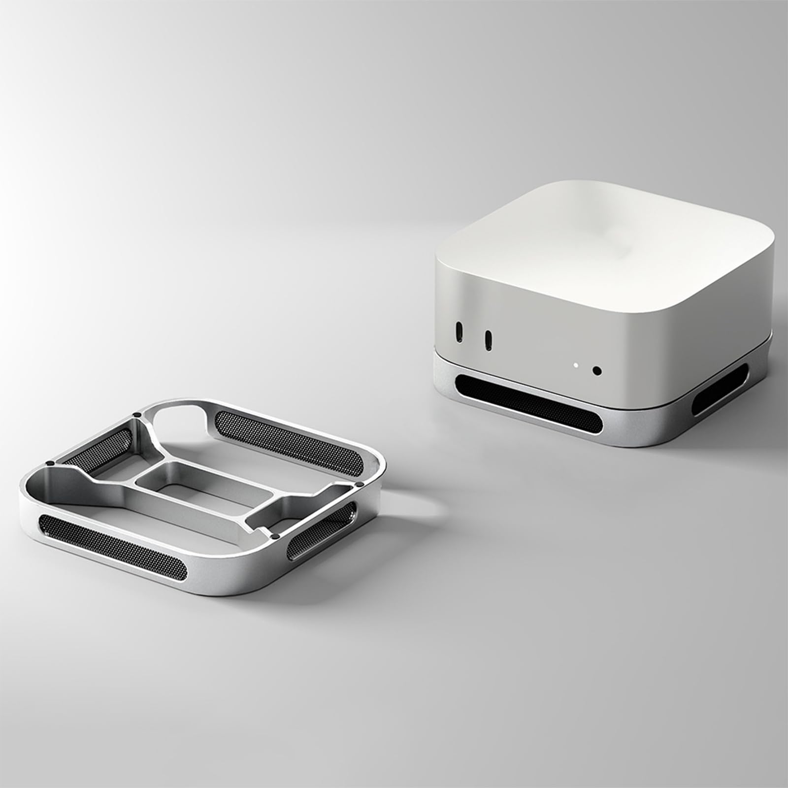Base in alluminio per piccoli computer con spazio di archiviazione in due posizioni e sollevamento da 20 mm per un migliore flusso d'aria Supporto verticale per laptop portatile per scrivania