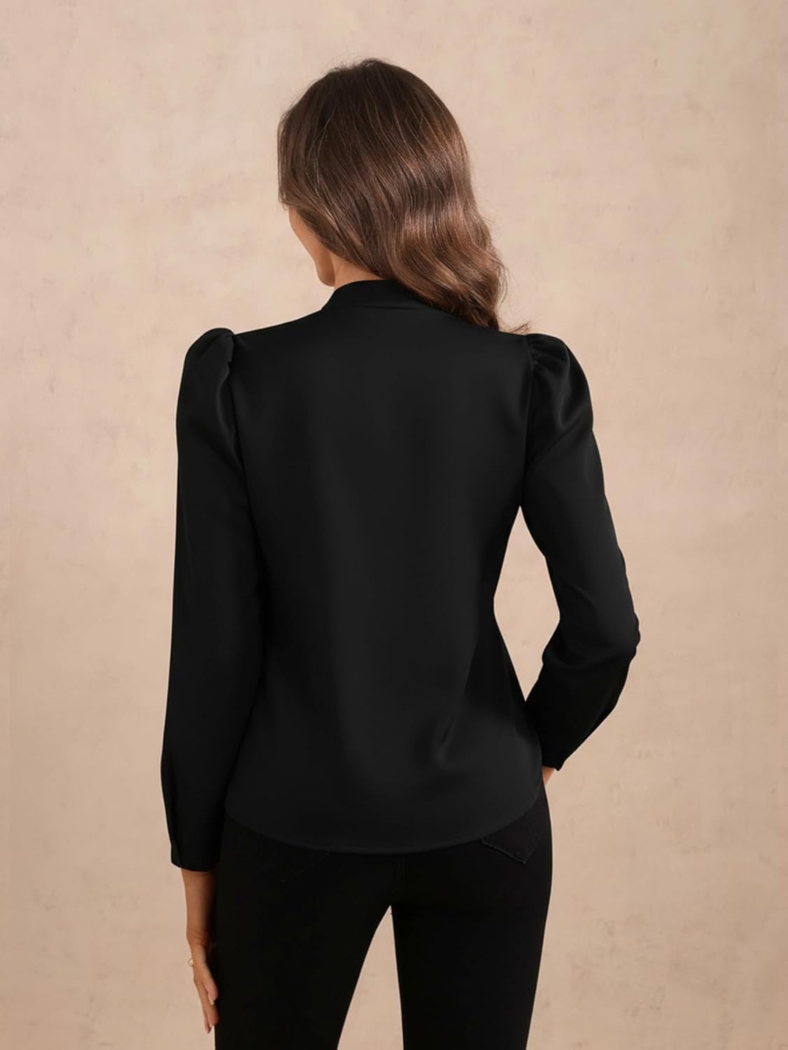 Women's Bow Tie Blouse Puff Long Sleeve Work Shirts Elegant Tops