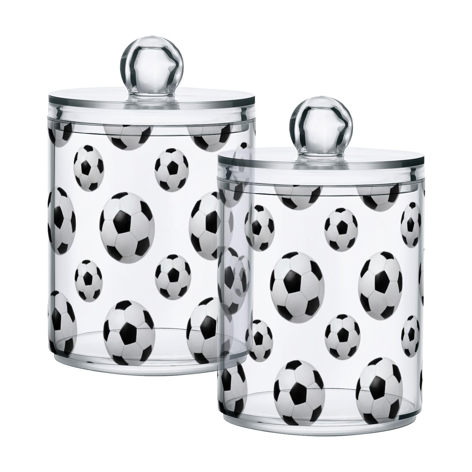 Lyeorm Soccer Ball Apothecary Jars with Lid 4 Pack Qtip Holder Dispenser Bathroom Storage Organizer Clear Plastic Canister Jar for Cotton Ball, Cotton Swab