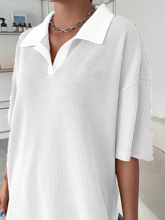 Image of Zilcon Womens Half Sleeve Oversized Tshirt for Woman Trendy Casual V Neck Summer Collared Preppy Tops Fashion Loose Fitted Western Tops for Women Stylish