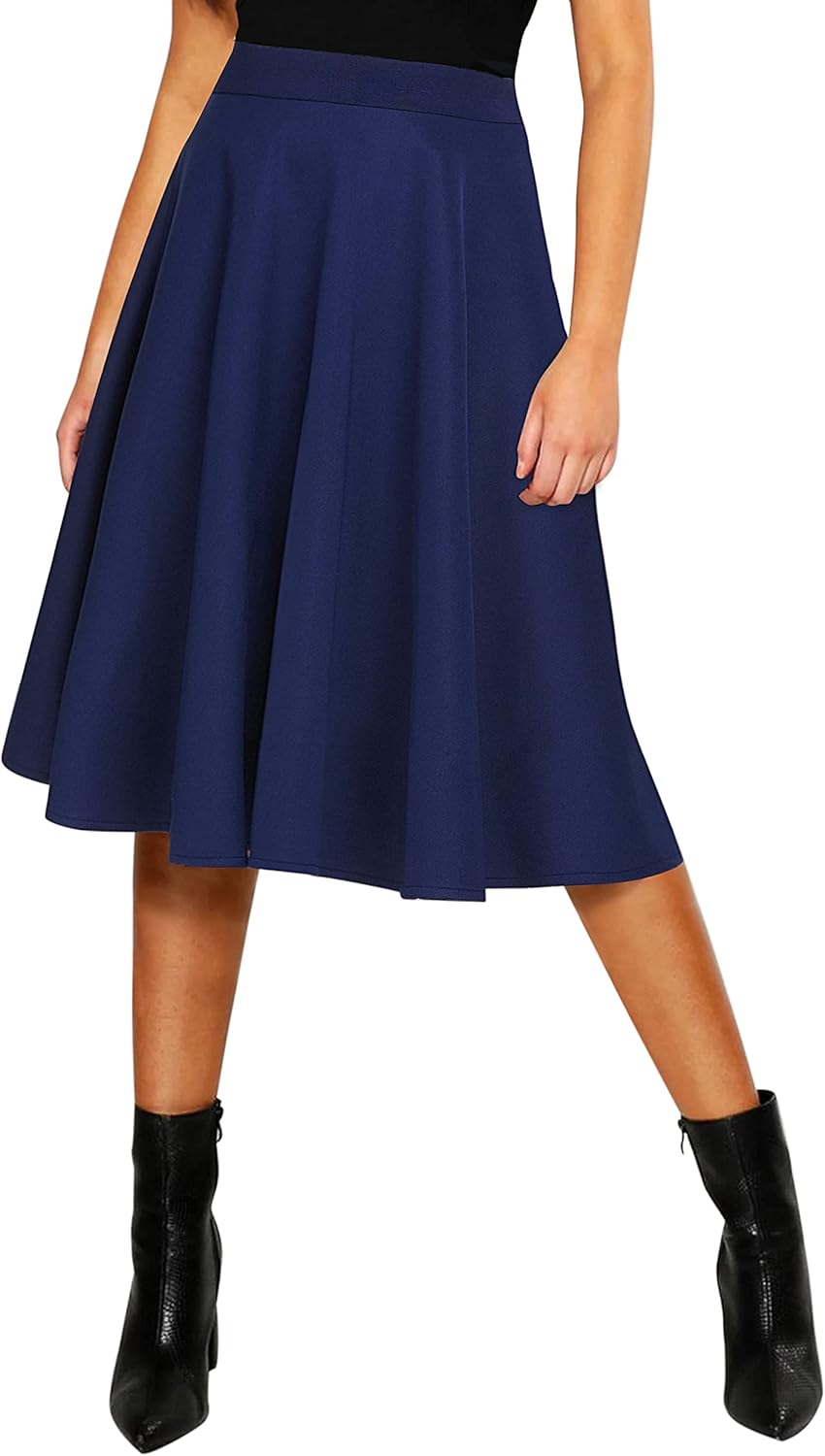 Urban CoCo Women's Basic Elastic Waist A-line Solid Flared Midi Skirt