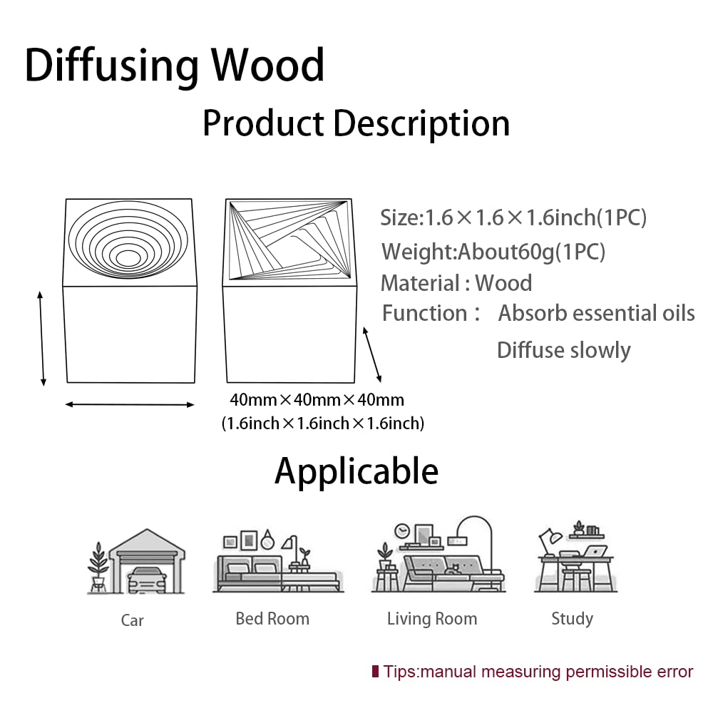 2 diffusori di oli essenziali, diffusore quadrato in legno naturale per aromaterapia, per auto, ufficio, camera da letto