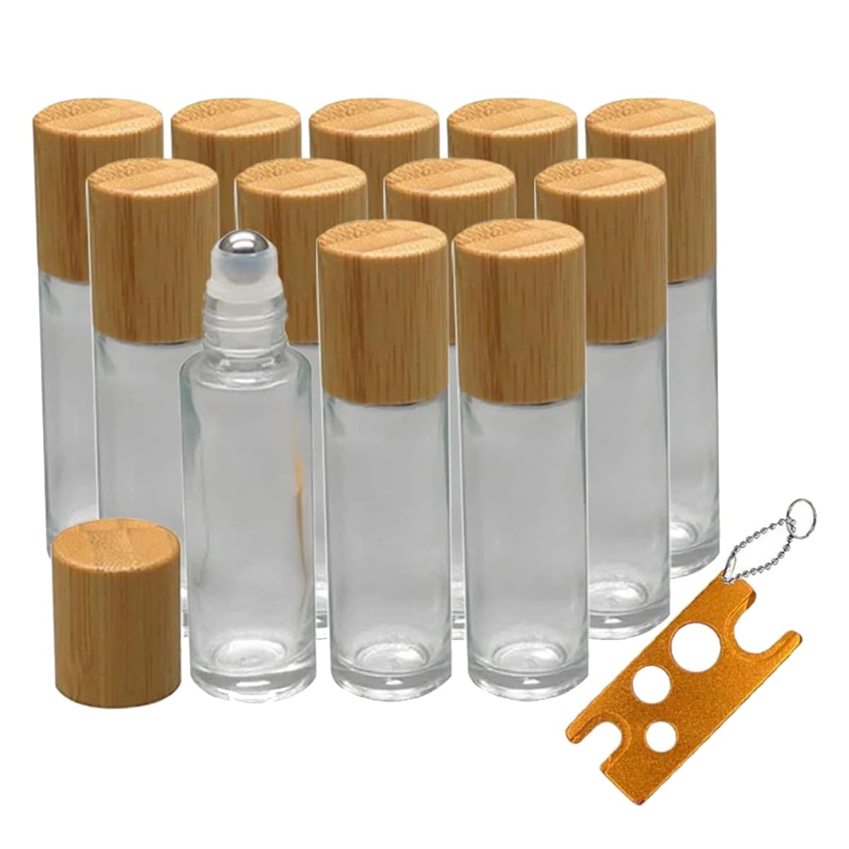 Lot de 12 flacons vides Rechargeables en Bambou de 10 ML avec Bille en Acier Inoxydable pour aromathérapie, Transparents