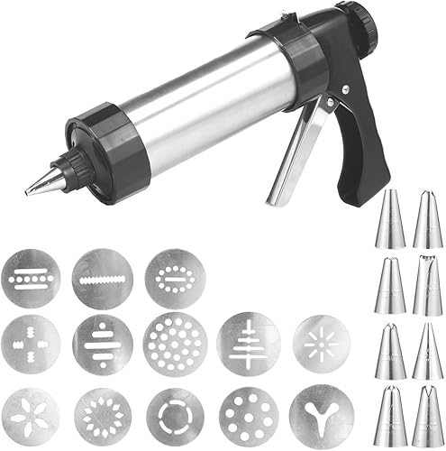 Prensa de galletas, máquina para hacer galletas de acero inoxidable con 13 discos y 8 puntas de glaseado, cepillo de limpieza, herramienta