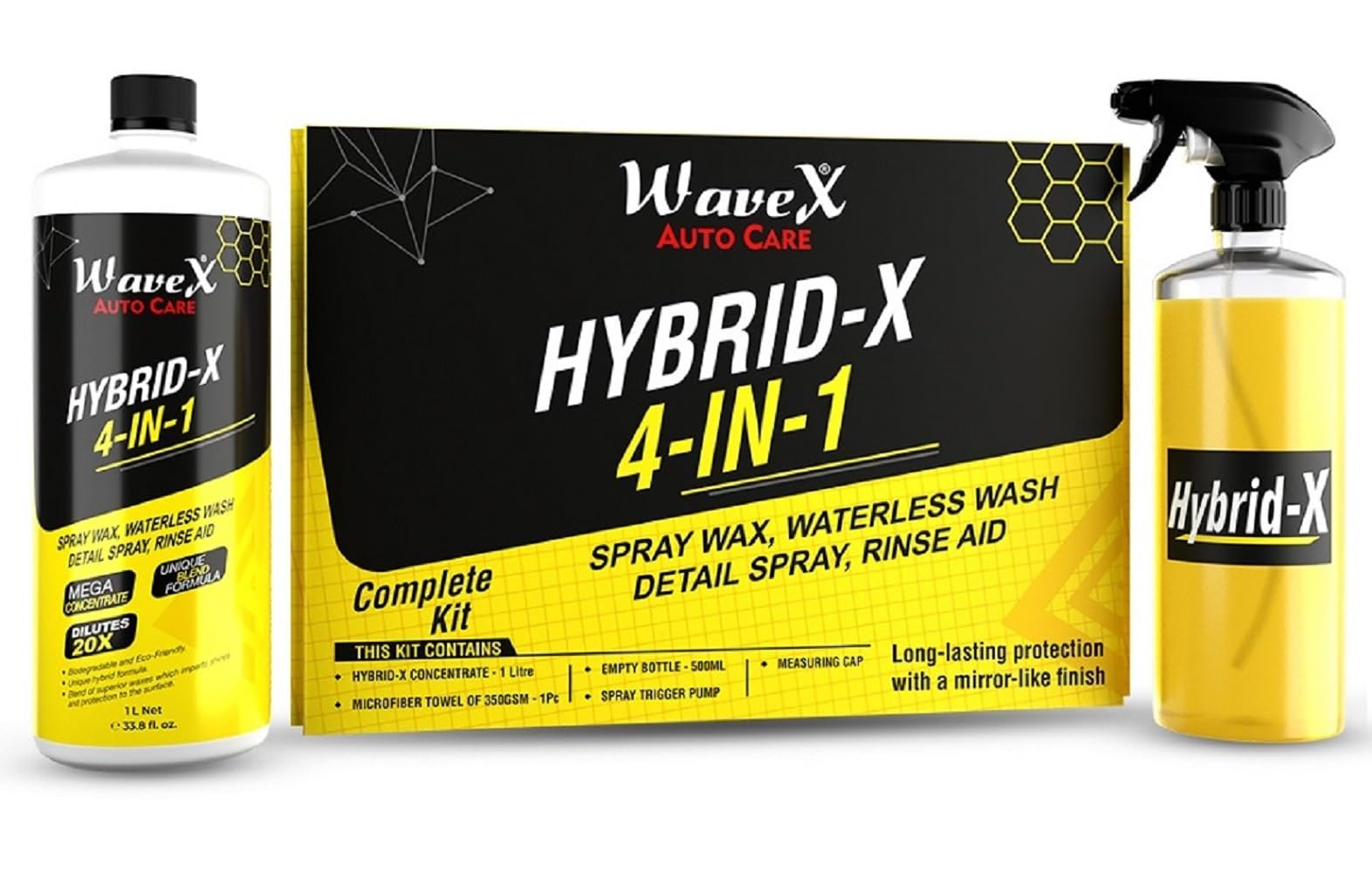 WAVEXHybrid-X Car Wax, Waterless Car Wash, Rinse Aid & Quick Detailer Car Polish Concentrate 1L Cleaning Spray with Microfiber Dilutes 20x with Water