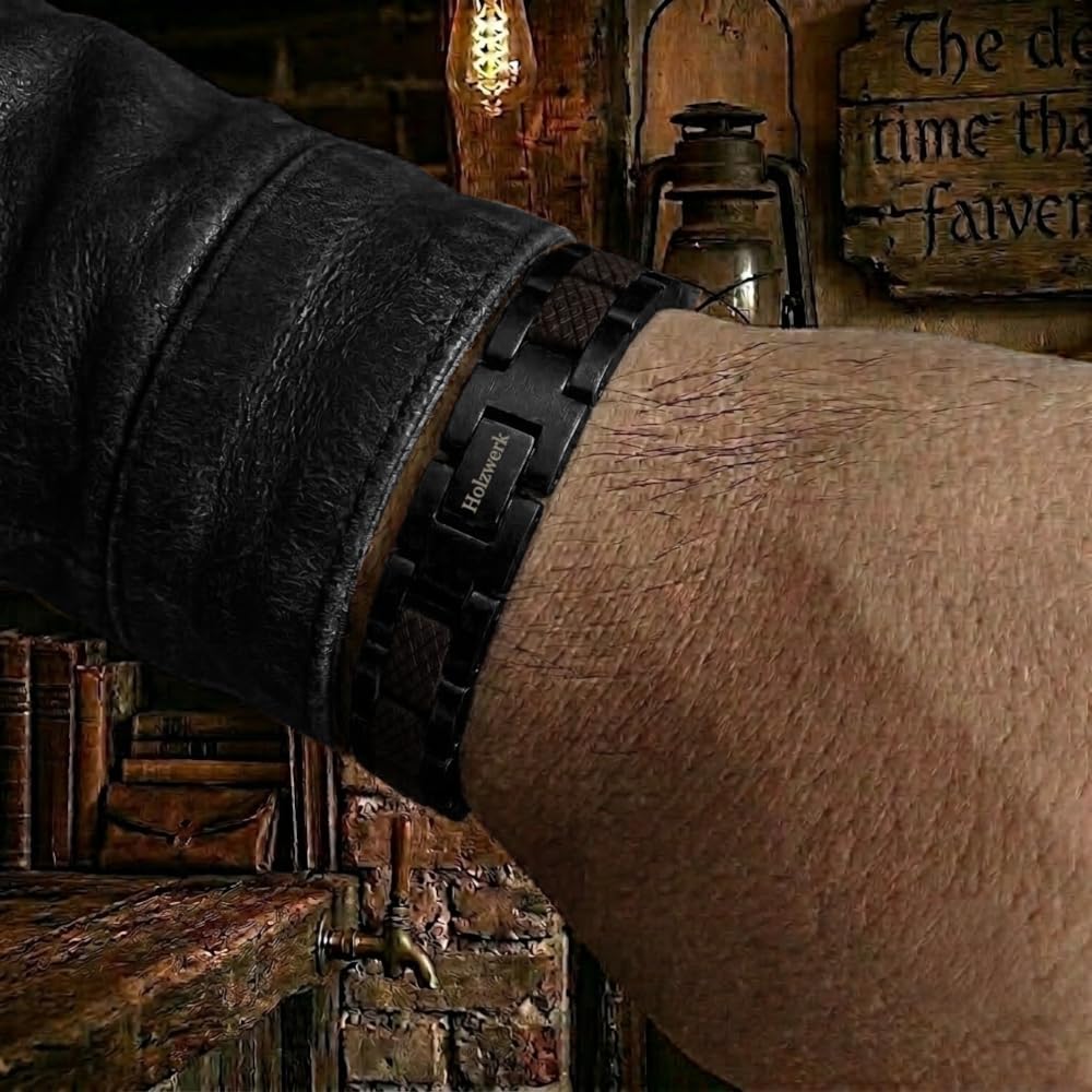 Holzwerk PARKSEE Bracelet magnétique en bois naturel pour homme et femme Bracelet magnétique en bois Bracelet pour homme et femme Marron Noir Réglable