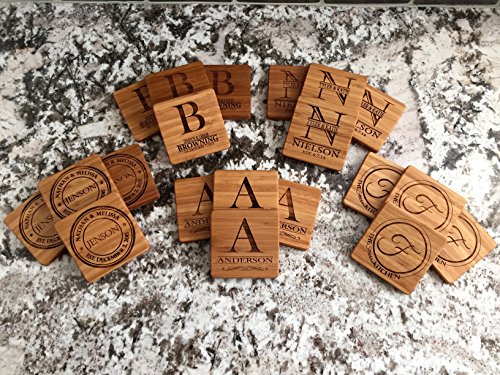 Monogram Wood Coasters for Drinks - Personalized Wedding-Gifts, Bridal Shower-Gifts (Set of 4, Jenson Design)
