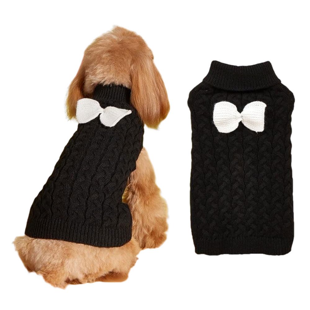 FANSU Small Dog Jumper, Solid Colours Soft Turtleneck Puppy Sweater with Bow Warm Winter Knit Dog Pullover Vest Coat for Small Medium Large Dogs and Cats (XL,Black)