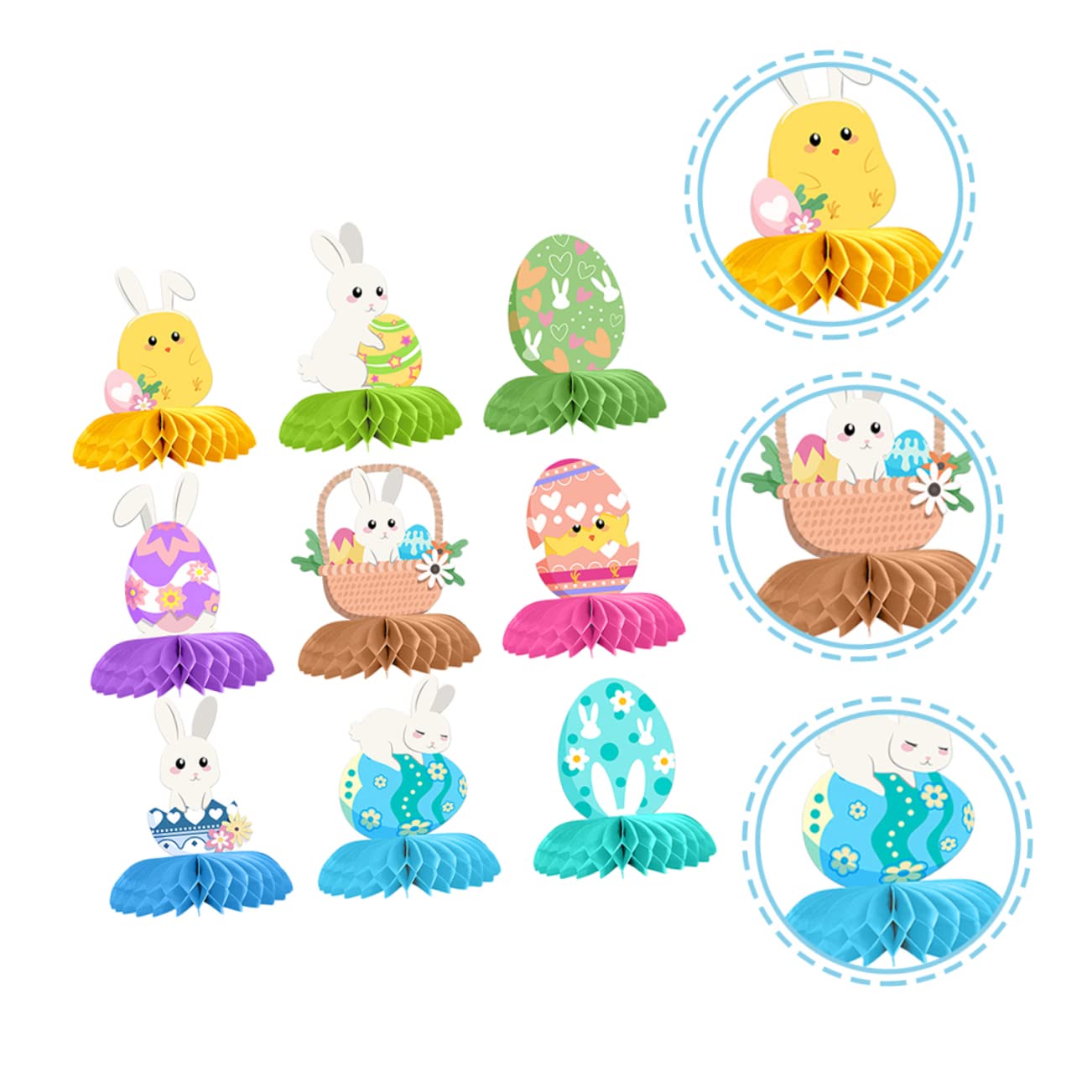 VICASKY 3 Set Palline Pasquali A Nido d'Ape di Pasqua Pasquale Venni Pulcino Kit Easter Bunny Easter Egg Toppers da Tavolo Pasquali Puntello di Carta Decorativa 9 Pezzi * 3
