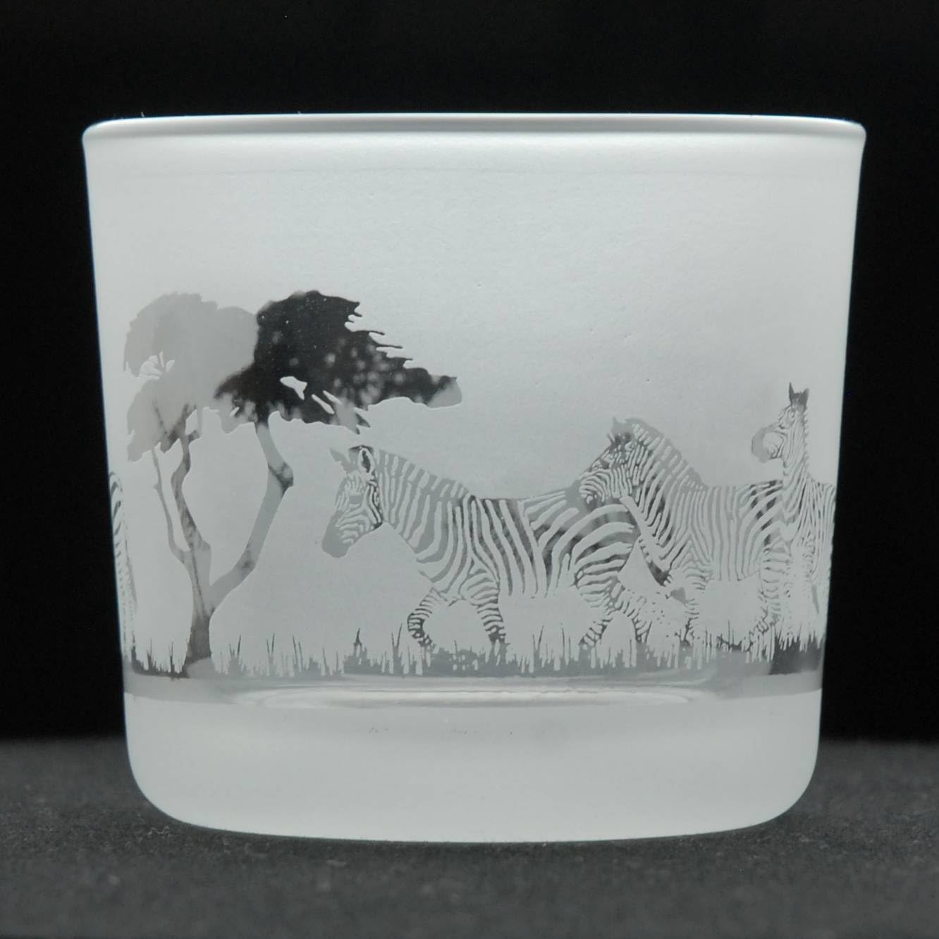 Animo Glass Votive Tea Light Candle Holder, Frosted Etched Glass Holders with Safari Zebra Design - Clear Tealight Candle Holder Birthday Gift - Home Decor Savanna Zebras Scene
