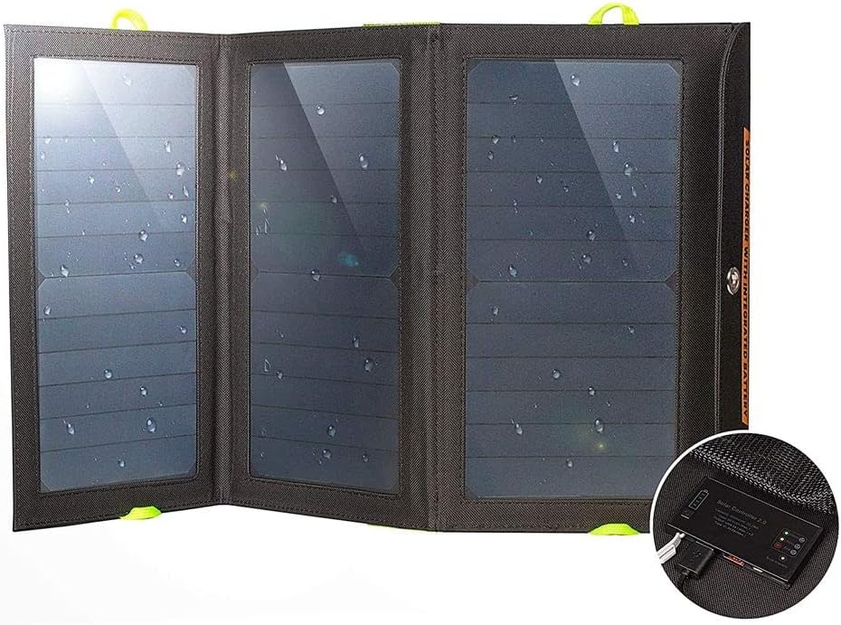 Solar Charger With Integrated Battery - Portable Solar Charger for Camping - 21W Foldable Solar Panel Charger 2 USB Ports - Waterproof & Durable Compatible With Most Devices