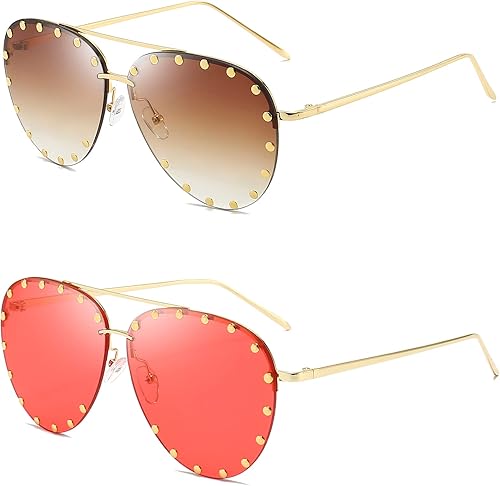 Dollger Gafas de sol con tachuelas para mujer, diseño de aviador, montura de metal, UV 400