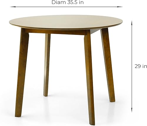 Miniatura 4 de Wickerix Juego de 3 mesas redondas de cocina y 2 sillas auxiliares Yumiko de madera maciza con asiento acolchado, color marrón medio Marrón