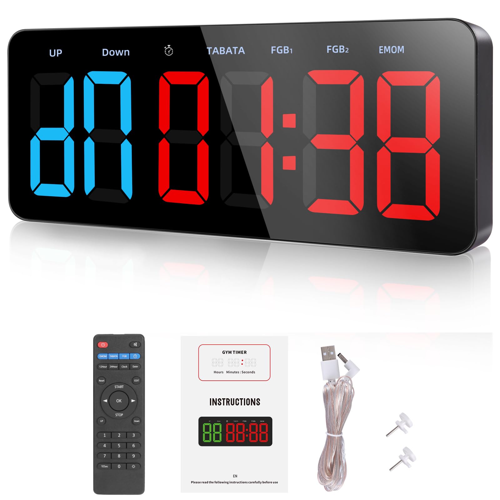 PELLOR Gym Timer, Large Digital Wall Clock, Interval Timer Clocks with Stopwatch,Countdown/Up,Adjustable Volume, Fitness Training Clock with Remote for TABATA, EMOM, FGB, Indoor and Outdoor