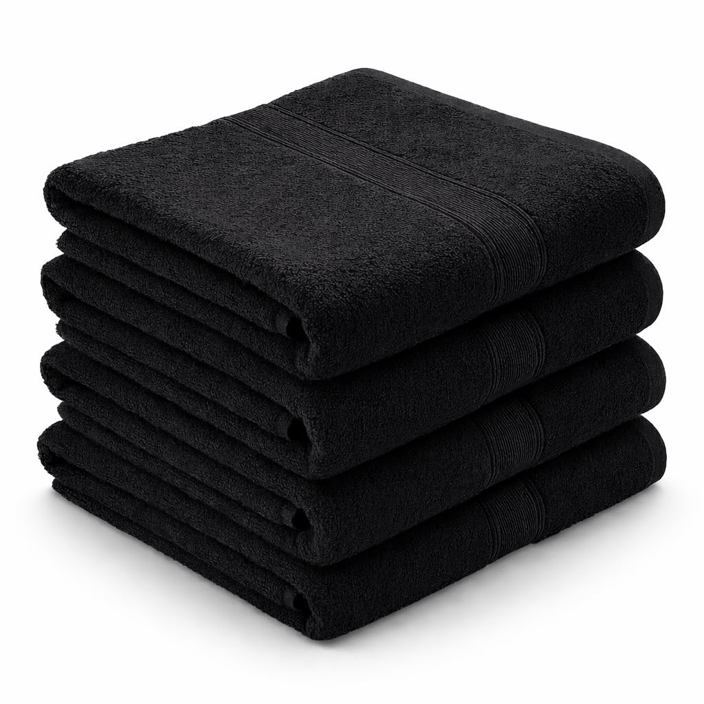Toallas Peluquería Negras 50x90 cm – Pack de 4 – 100% Algodón 400 gsm – Alta Absorción – Uso Profesional Barbería y Salón de Belleza