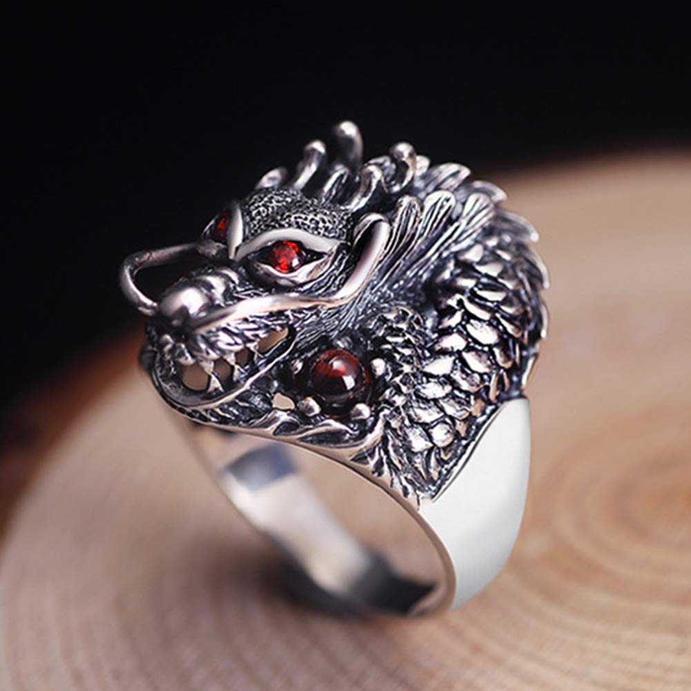 YABEME 925 Sterling Silber Dragon Red Zirkon Edelstein Ring Vintage Punk Gothic Geschnitzte Oberfläche Schmuck Frauen Männer Coole Geburtstagsfeier Biker Geschenk (Größen 17-28)