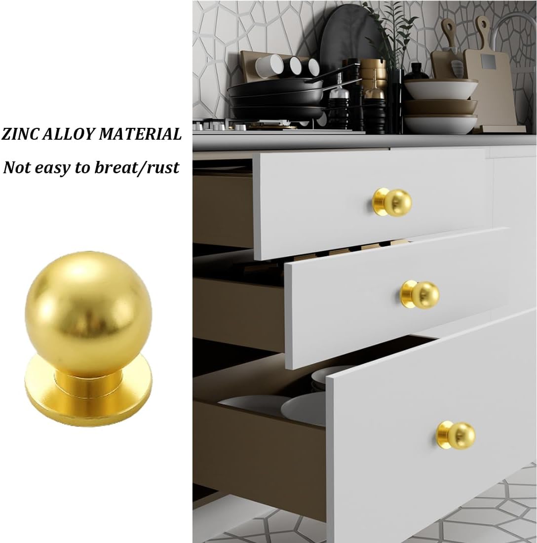 25MM Round Ball Cabinet Knobs, [8 Pack] Antique Brushed Gold Brass Ball Knobs for Cabinets/Dresser/Kitchen, Round Gold