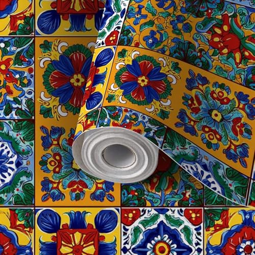 Peel and Stick Wallpaper Self Adhesive Wall Mural Mexican Talavera Ceramic Tile Seamless Decoration Ornamental Contact Paper Renter Friendly Wallpaper for Kitchen Nursery Bedroom 24"x394"