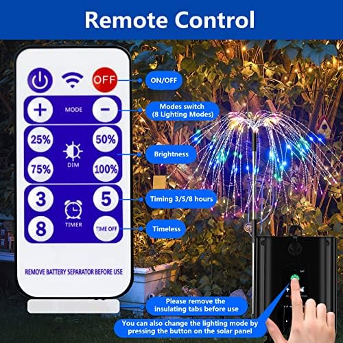 HELESIN Led Solar Firework Lights, 4 Pack Garden Solar Starburst Lights, Solar Garden Lights Outdoor Adjustable Brightness with Remote Control 8 Modes for Garden, Pathway, Backyard, Patio
