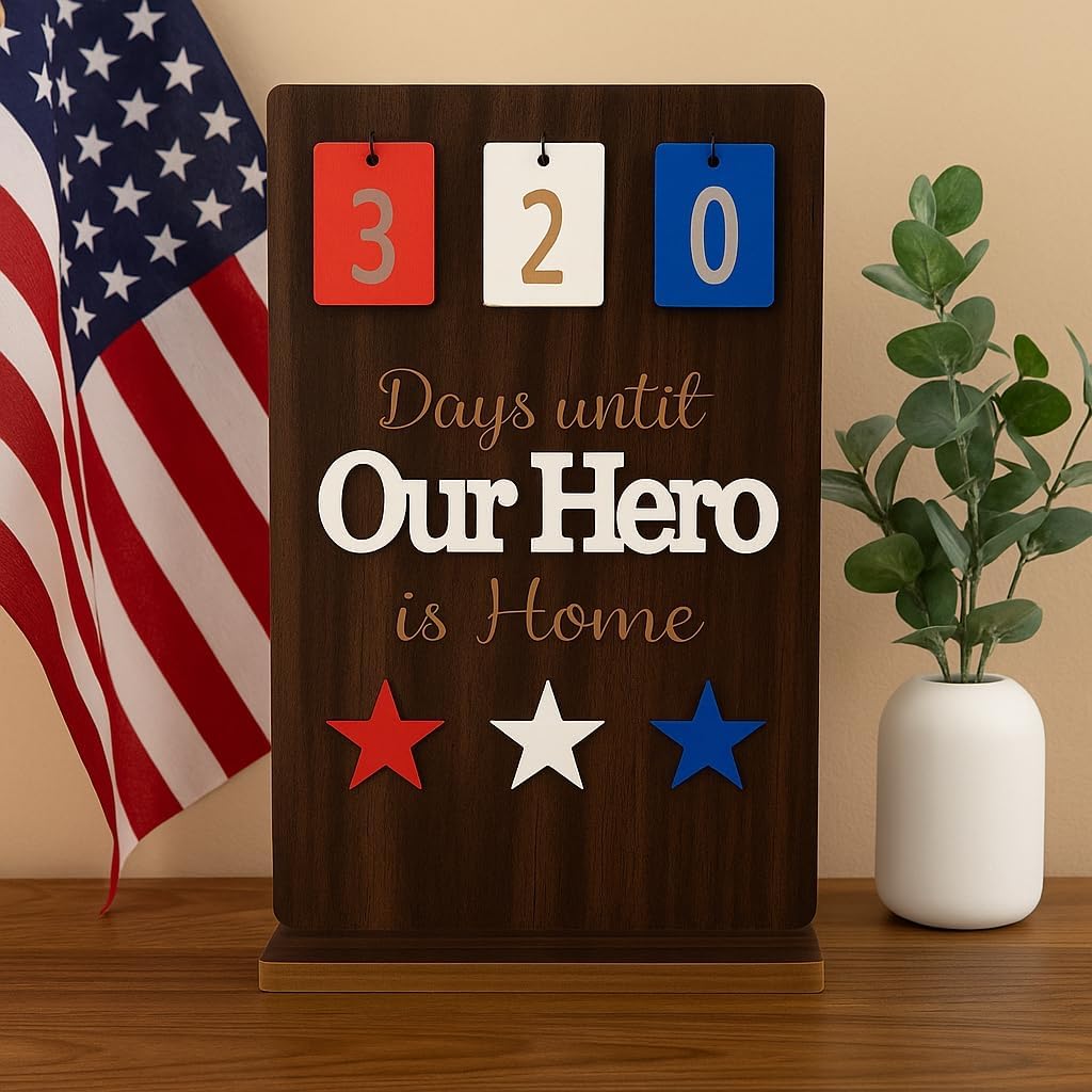 ACECARE Military Deployment Countdown Calendar – “Days Until Our Hero is Home” Wooden Sign with Flip Numbers | Patriotic Red White Blue Stars | Wooden Military Calendar, Homecoming Gift (Dark Brown)
