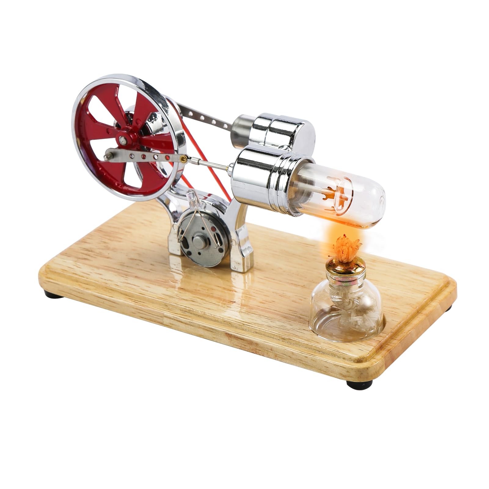 Moteur Stirling Machine à Vapeur avec Plaque de Base en Chêne et Lumières LED Argent