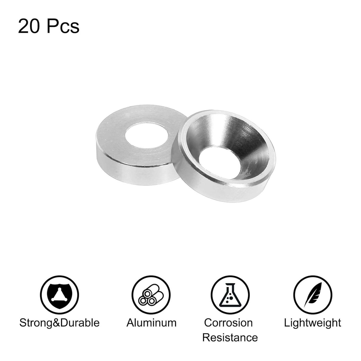 MECCANIXITY M5 Cone Cup Countersunk Washers,Hole Dia 5.1mm/0.2 Aluminum Gaskets Cup Head Washer Gasket for Screw RC/FPV/PC/Drone/Mechanical Accessories Model Parts,Pack of 20(Silver)