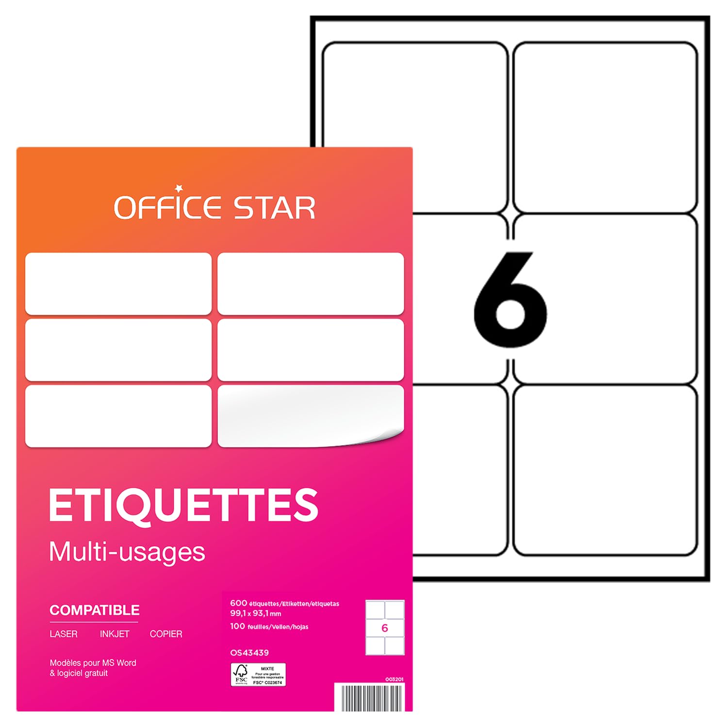 OFFICE STAR - 600 Étiquettes Autocollantes Multi-​Usages Blanches Personnalisables Imprimables - Format 99,​1 x 93,​1 mm - Impression Laset Jet d'Encre et Copieur