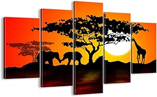 Quadro su tela - 5 Parties - Animali safari savana giraffa - 150x100cm - Pronto da appendere - Home Decor - Stampe su Tela - Quadri Moderni - completamente incorniciato - EA150x100-0539