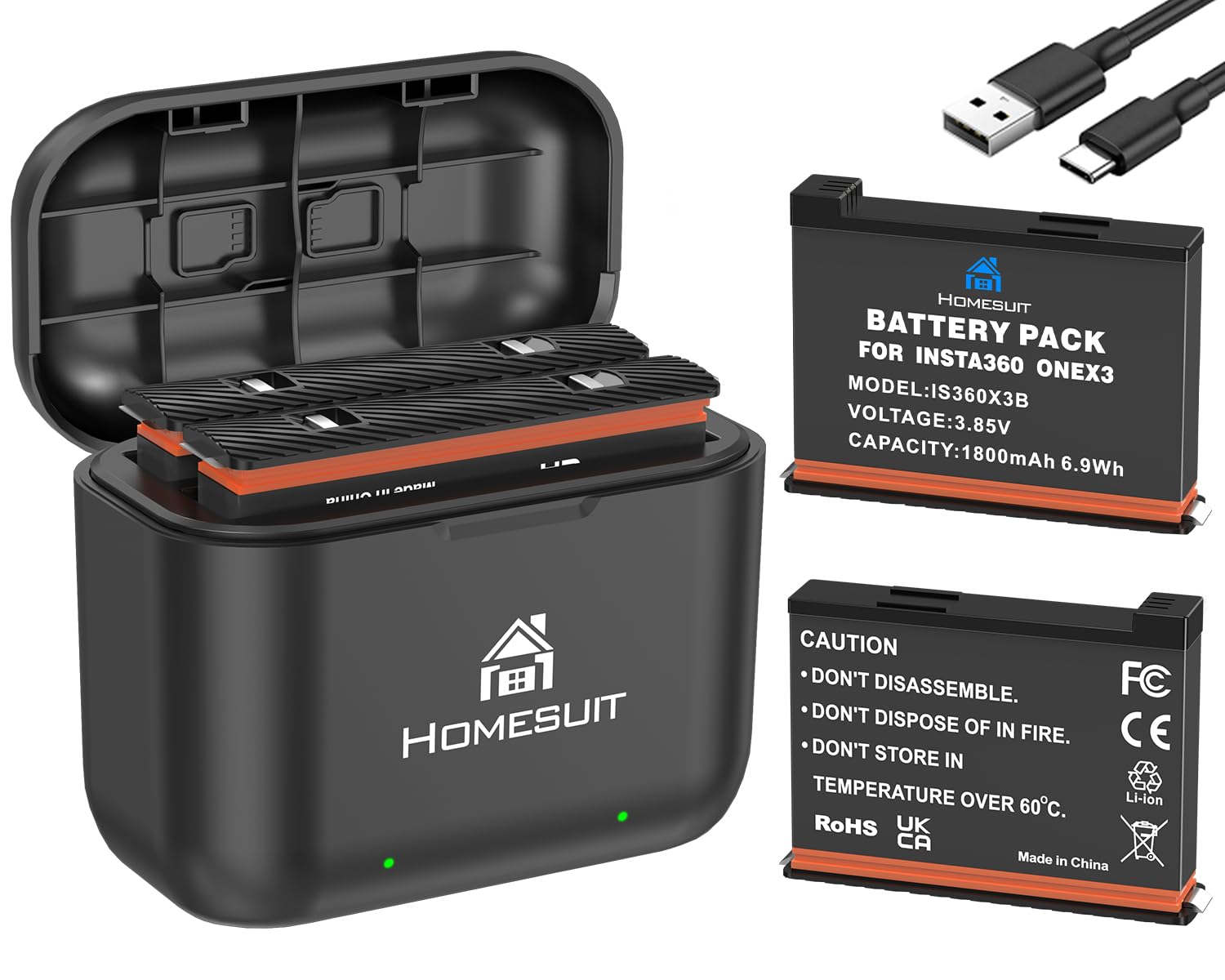 Homesuit Insta 360 X3 Akku 1800mAh und USB LED Ladegerät Bausatz mit Speicherkartensteckplatz Kompatibel mit Insta360 X3 Kamera Bis zu 80min Zusätzliche Aufnahmezeit (2er-Pack)