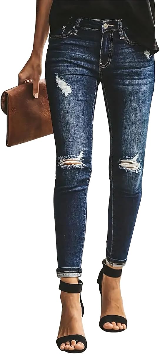 KUNMI Pantalones vaqueros ajustados rasgados para mujer, pantalones vaqueros elásticos desgastados