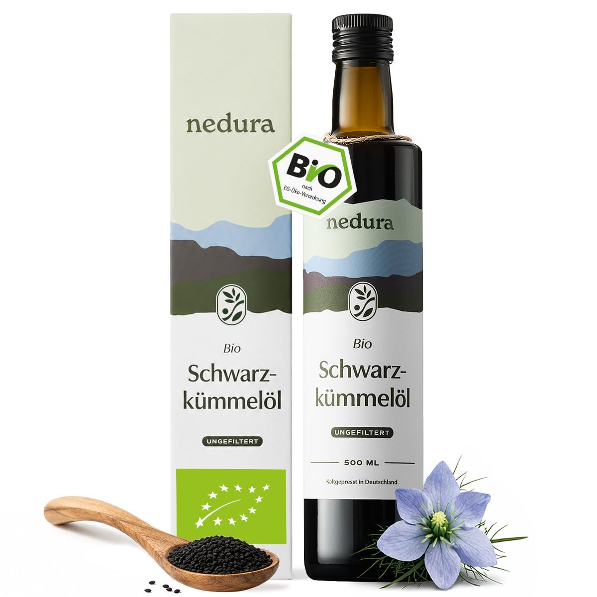 nedura® BIO Schwarzkümmelöl kaltgepresst (XL-Flasche, ungefiltert) – aus eigener Manufaktur in Deutschland, nur Erstpressung | Thymochinongehalt je Charge mit QR-Code auf der Flasche - 500ml