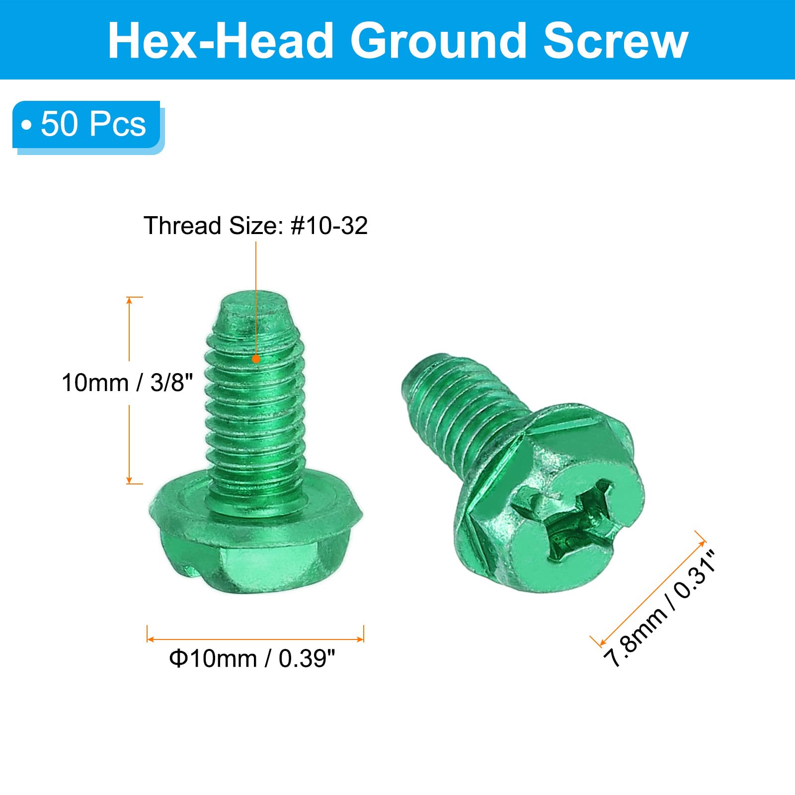 PATIKIL 10-32 x 3/8 Inch Hex Washer Head Grounding Screws - Image 2