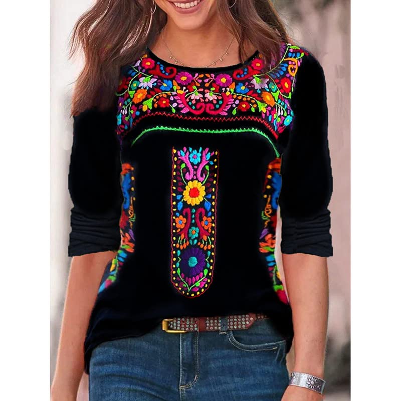Melliflo Long Sleeve Mexican Shirts for Women Floral Embroidered Peasant Blouse Ethnic Style Boho T-Shirts2