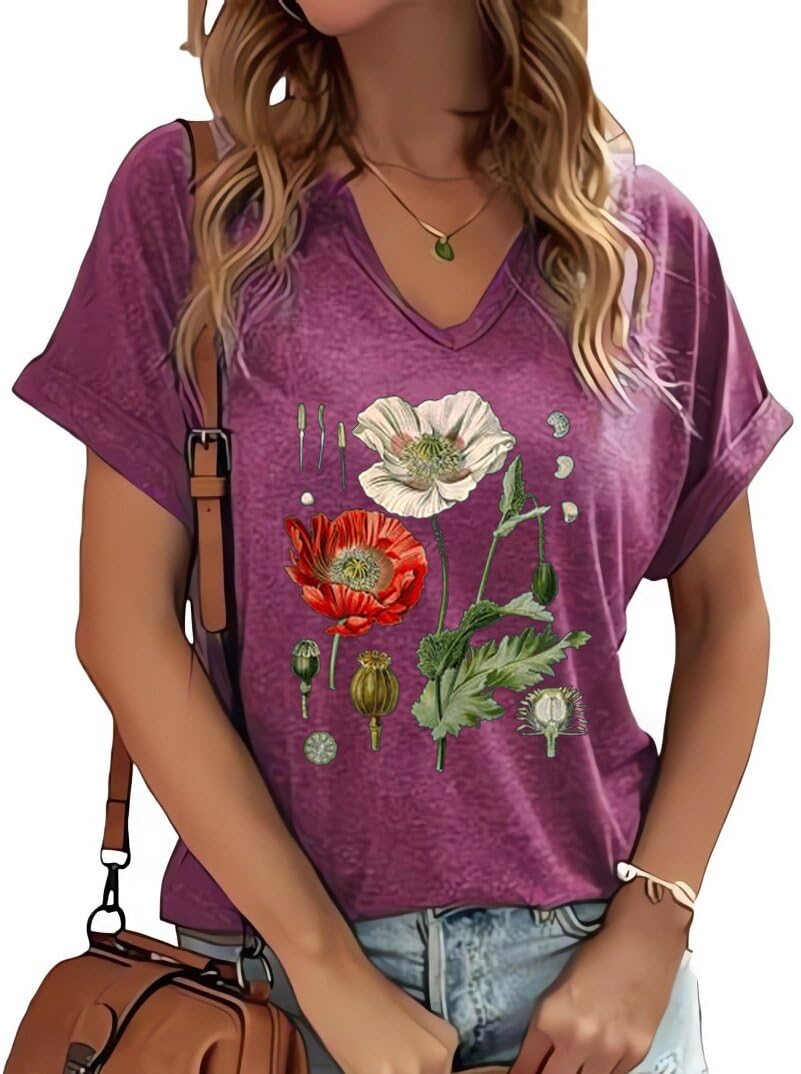 PUCKOLITY Vintage Flowers V Neck Shirt for Women Boho Floral Wildflowers Graphic Tee Casual Cottagecore Summer T Shirt