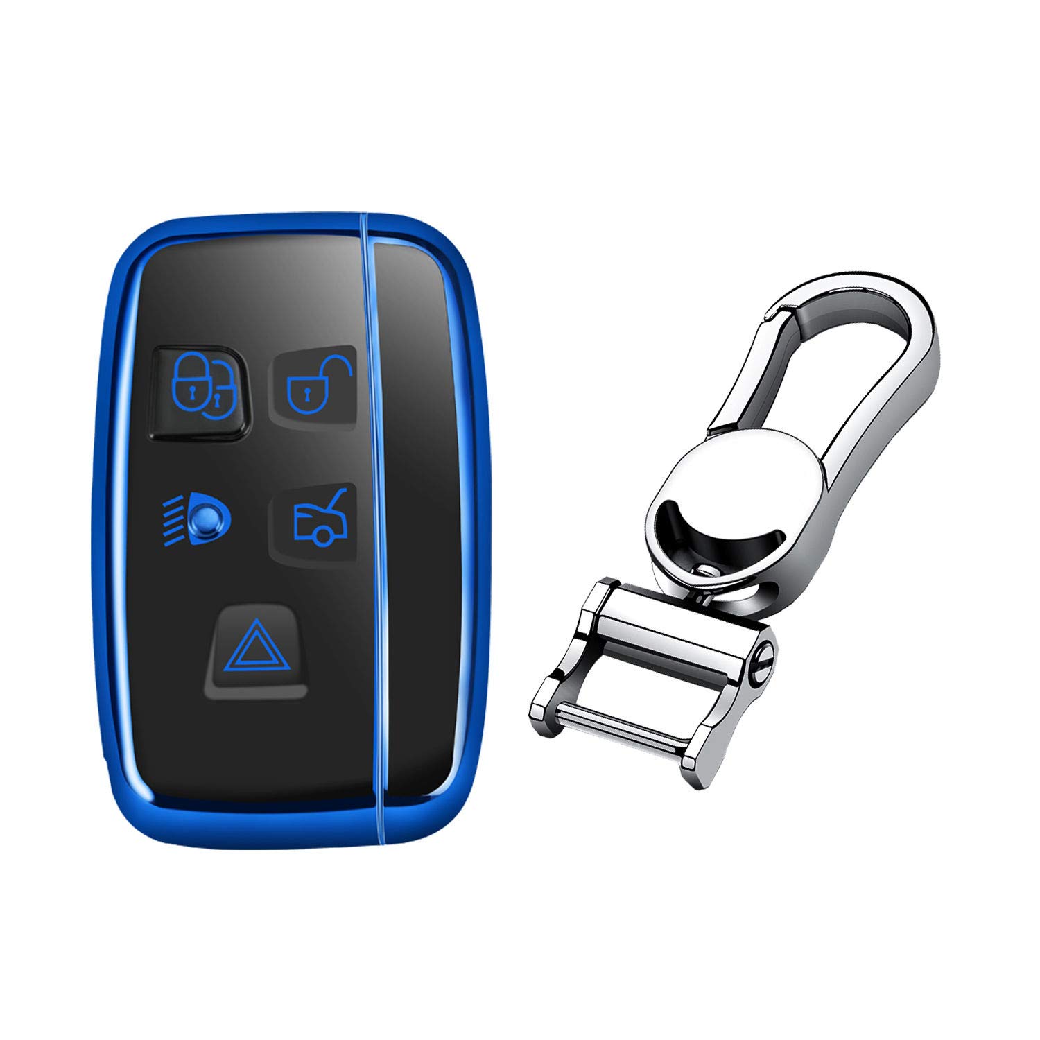 M.JVisun Soft Carbon Fiber Finish Car Key Fob Cover For Land Rover Discovery 4/Sport Freelander 2 For Range Rover Evoque/Sport/Velar Electroplated TPU Case With Metal Keychain - Blue — view 17