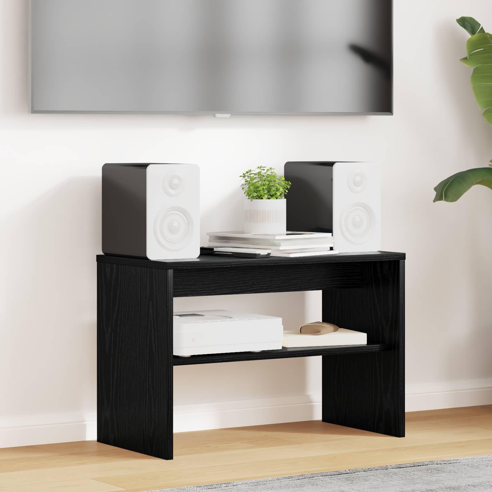Nqyjm TV-Möbel mit Regal, 60 x 30 x 40 cm, Eiche, Schwarz, Holz | TV-Ständer, TV-Bank, Fernsehtisch, niedriger Schrank für Wohnzimmer, Schlafzimmer
