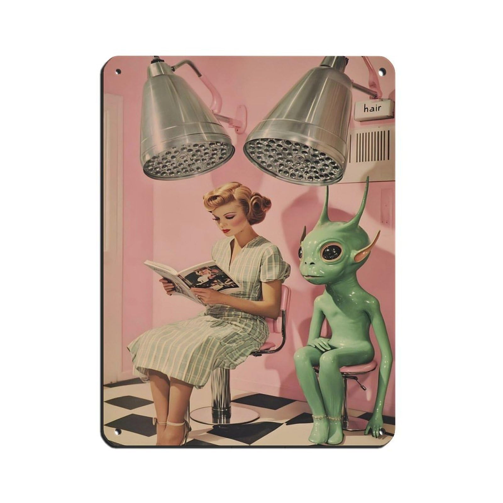Vintage Salon Art,Alien Reading Magazine Tin Sign Vintage Metal Pub Club Cafe Bar Home Wall Art Decoration Poster Retro 12x16inch(30x40cm)