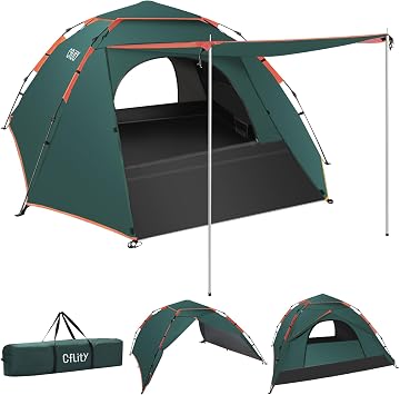 Cflity Camping Tent 3 Person Pop Up Tent Automatic Instant Three Layer Waterproof 4 Seasons Large Pop Up Tent & Tarpaulin with Extended Floor Mat Porch 2 Tent Poles Dome Tent