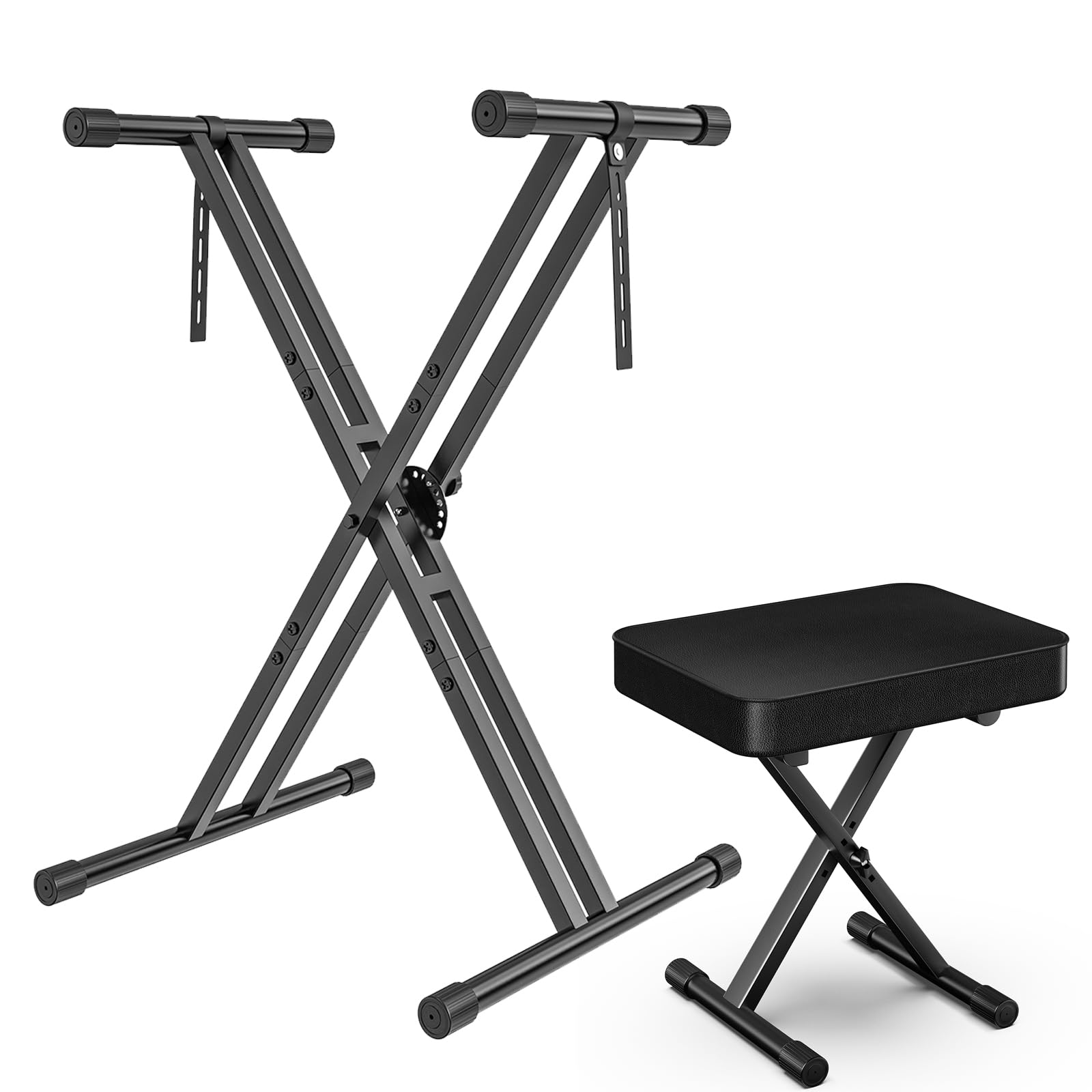 gleam keyboard stand and bench set, double x style keyboard stand height from 19" to 38", heavy density foam padded bench height from 14" to 18" black