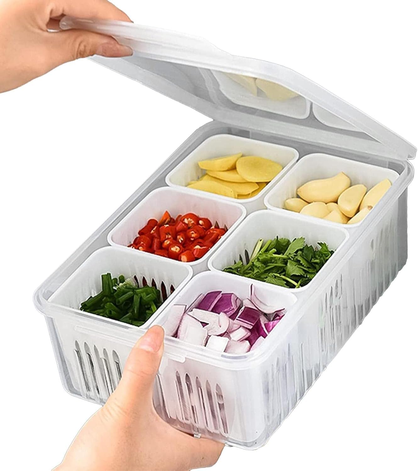 UCRAVO 6-compartment divided Veggie Tray Snackle Box Charcuterie Container Food Storage Containers with Airtight Lids Refrigerator Food Prep Containers Food Storage Box Fruit Storage Organizer 1 pack
