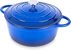 Nuovva Enamelled Cast Iron Dutch Oven Pot with Lid – 6.4 Quart Non Stick Casserole Pot – Heavy Duty & Oven Safe up to 500° F for Bread Baking, Braising, Stews, Roasting – 28cm Dark Blue